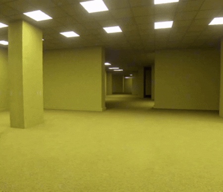 A yellow fluorescent empty Backrooms hallway