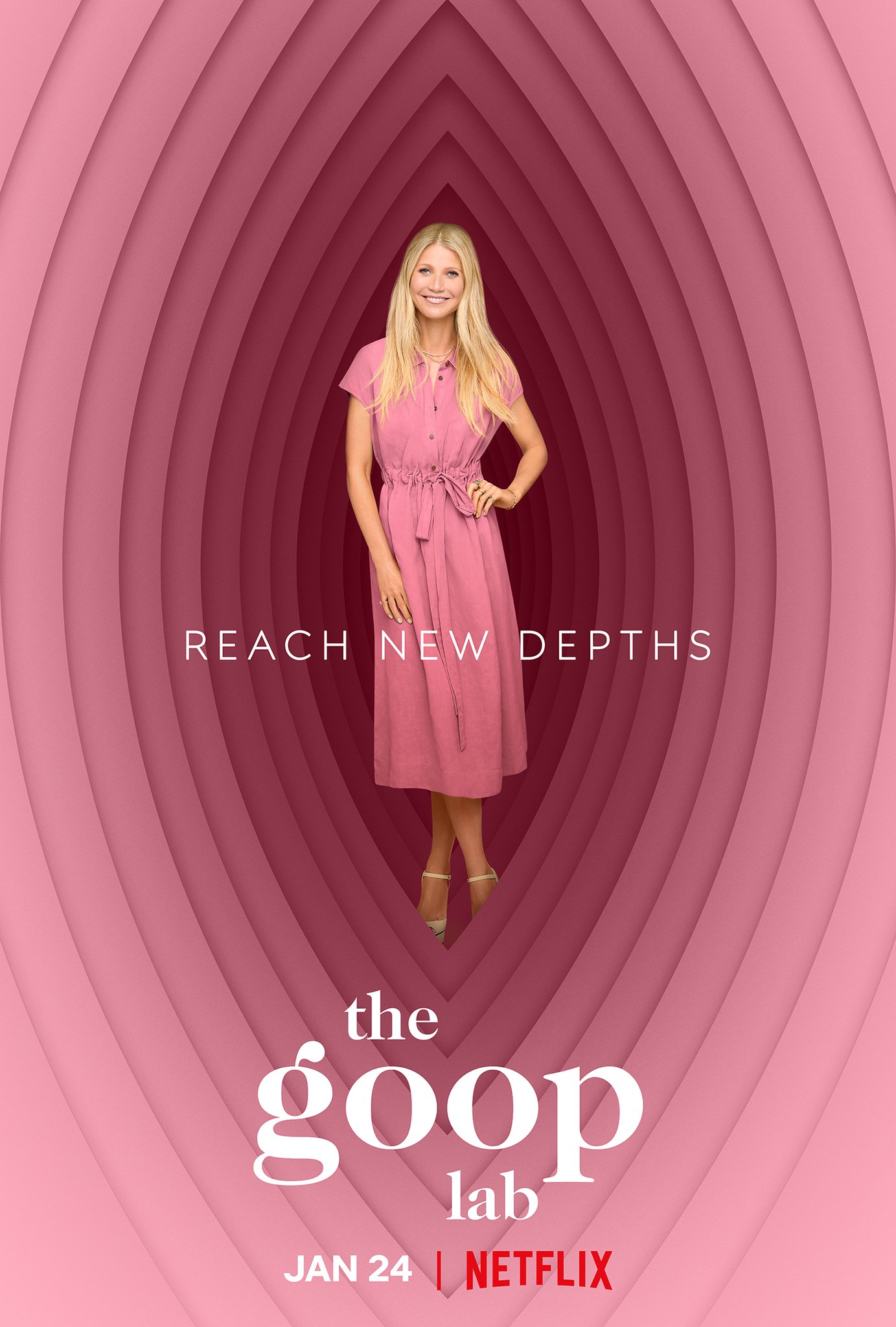 Poster for The Goop Lab with a pink layered background and the phrase reach new depths.