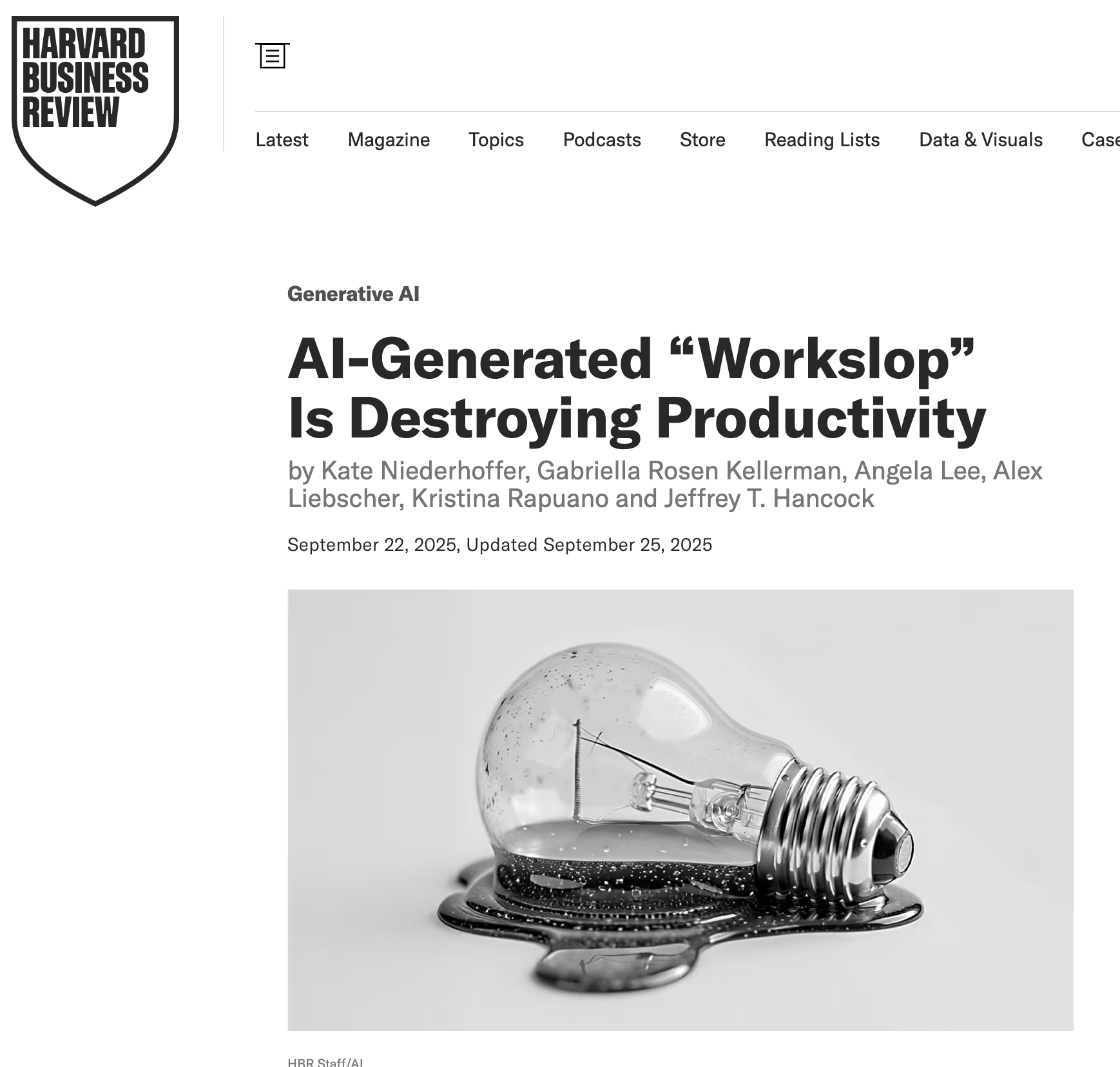 Screenshot of Harvard Business Review article titled AI-Generated Workslop Is Destroying Productivity