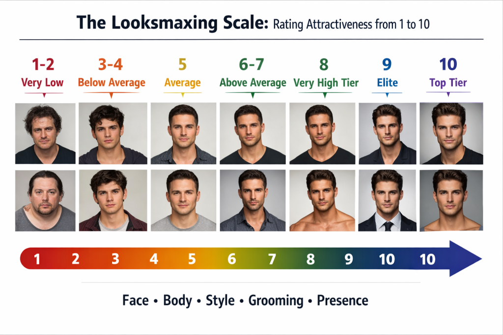 A looksmaxxing scale ranking male appearance from very low to top tier.