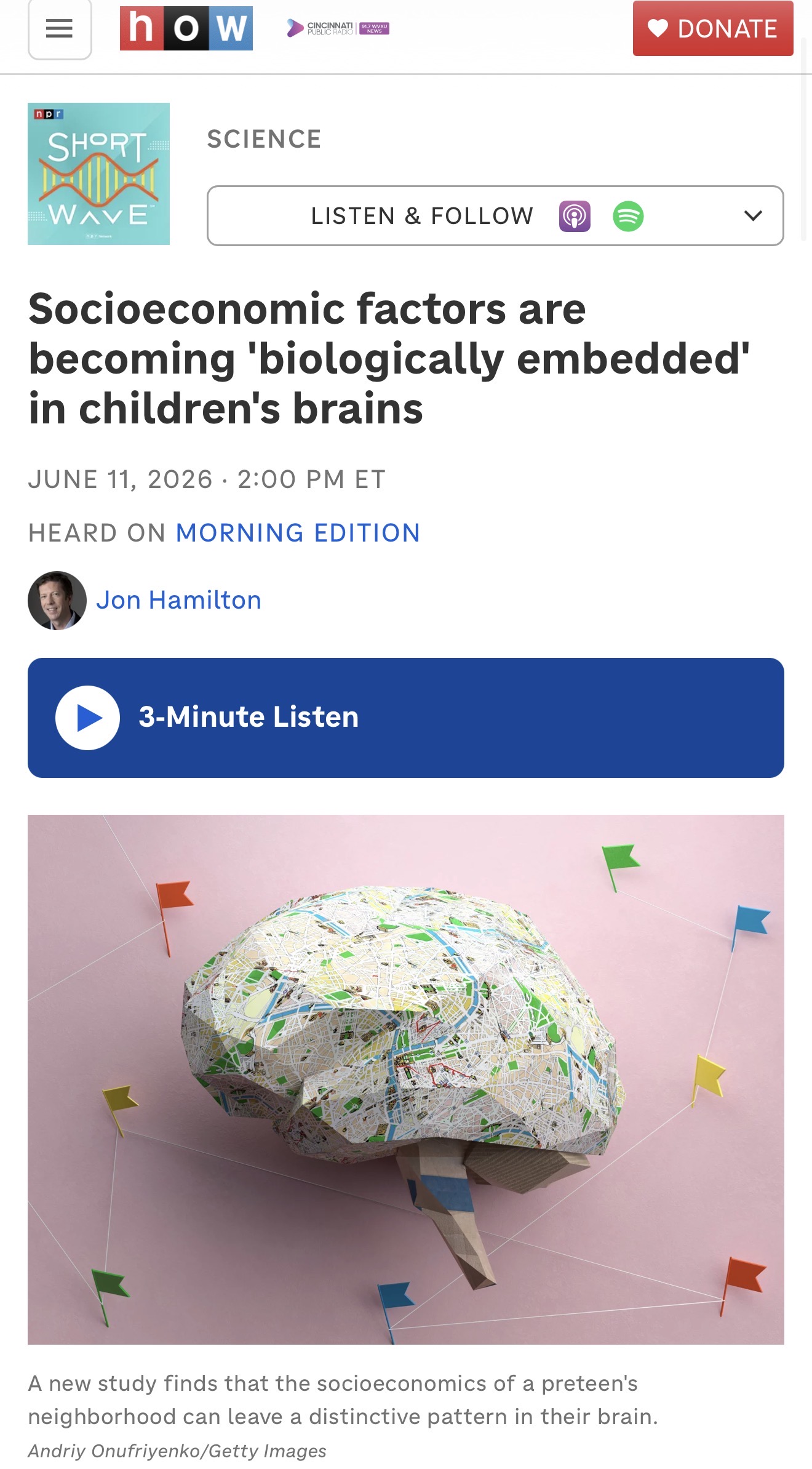 Screenshot of an NPR article headlined “Socioeconomic factors are becoming biologically embedded in children’s brains.”